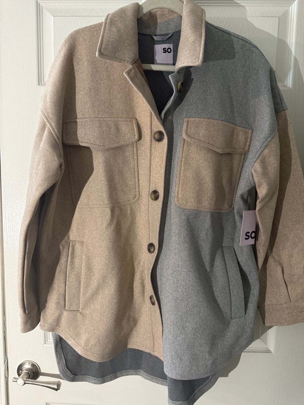 SO Two-Tone Wool Shacket in Taupe and Gray